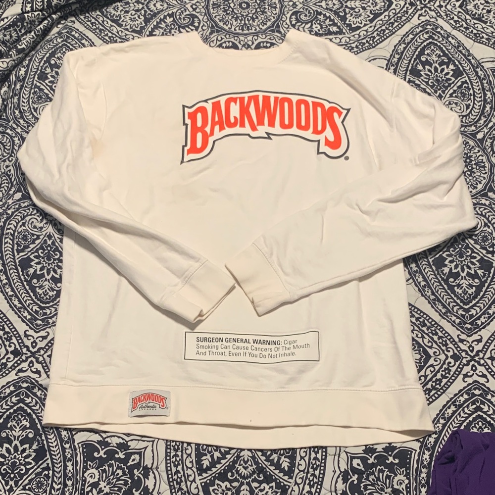 Backwoods White Long Sleeve Crewneck with Orange Logo